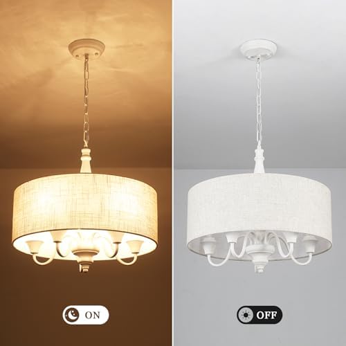 5-Light Drum Chandelier for Dining Room, 18'' Farmhouse Chandelier with Linen Shade, Round Fabric Drum Hanging Light Fixture for Entryway, Foyer, Living Room, Bedroom, French Distressed White - Image 3