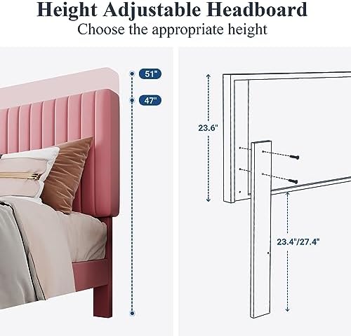 Allewie King Bed Frame, Velvet Upholstered Platform Bed with Adjustable Vertical Channel Tufted Headboard, Mattress Foundation with Strong Wooden Slats, Box Spring Optional, Easy Assembly, Pink - Image 6