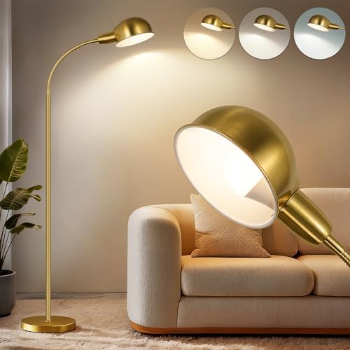Floor Lamp for Living Room, 63" Standing Lamp with Adjustable Gooseneck, 3 Color Temperatures, Industrial Gold Floor Lamp Reading for Bedroom, Office, 9W LED Bulb by LANICHO