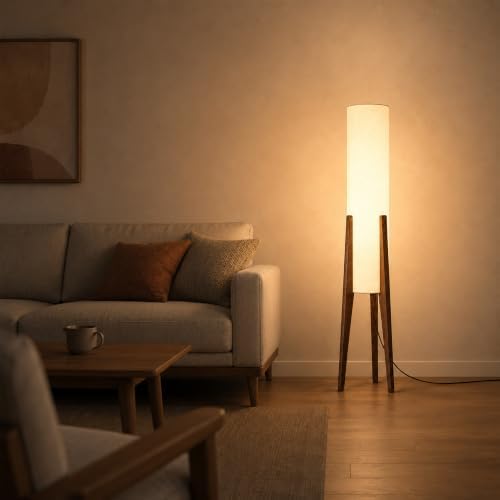 Bofea-Farmhouse Floor Lamp for Living Room & Bedroom,Walnut Wood Vintage Standings Lamp with Foot Switch, 3 Color White Fabric Tall Lamp,Decorative Tower Shade Lamp for Hotel Cafe Study - Image 2
