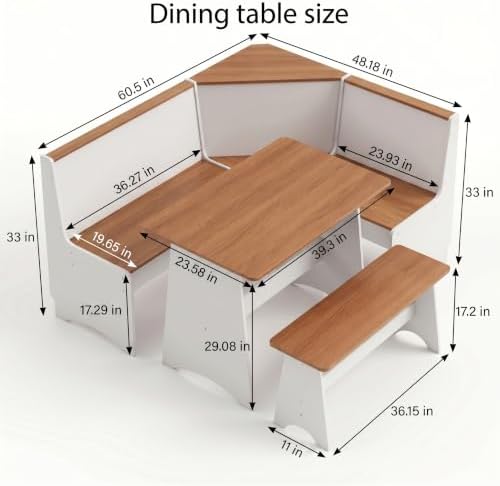 Item Name: Farmhouse Breakfast Nook Table Set with L-Shaped Bench & Storage, Reversible Seating for 3-4, Easy-Clean Waterproof Laminate, Space-Saving Corner Design (White + Natural) - Image 2