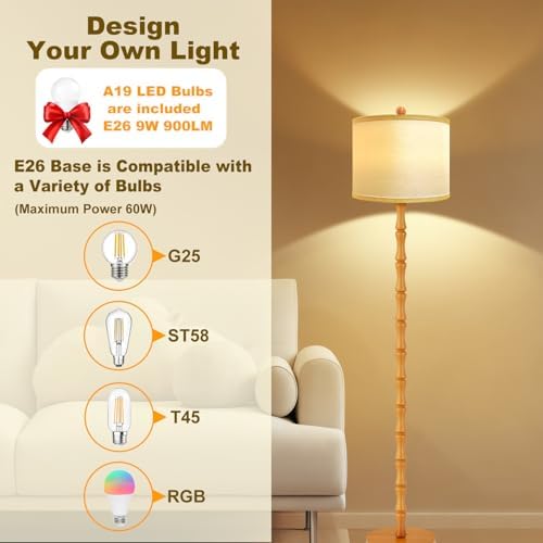 Vinaco Wood Floor Lamp, 3 Color Temperatures Dimmable Rotary Switch - Image 3