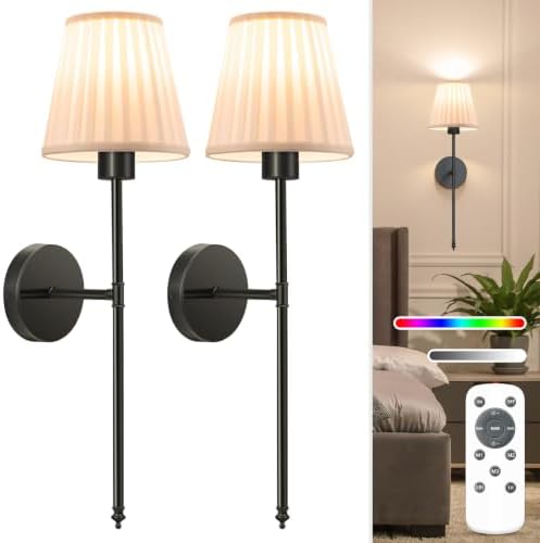 NIORSUN Battery Operated Wall Sconce Set of 2,Beige-Black Rechargeable Wall Lights with 10400mAh Dimmable Bulbs and Remote, 9 Colors Wireless Wall Lamps for Bedroom Living Room Hallway by NIORSUN