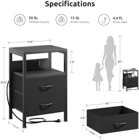 Lazzanto Night Stand with Charger Station for Bedroom, Black Nightstand - Image 2
