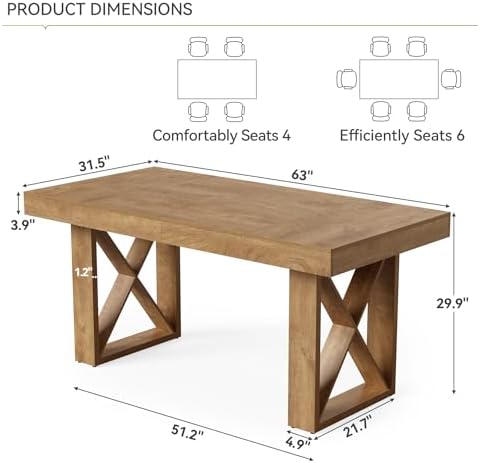 LITTLE TREE 63-Inch Dining Table for 4 People, Farmhouse Thick Appearance Design, Rustic Rectangle Kitchen Dinner Table for Dining Room, Living Room, Yellowish Brown - Image 2
