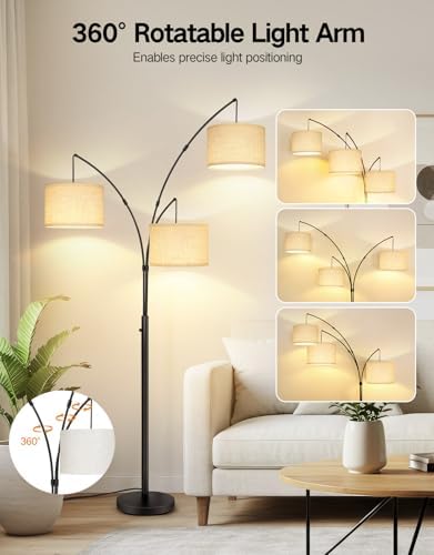 OUTON Arc Led Floor Lamp, Modern 3 Light Arched Tall Floor Lamps for Living Room, Mid Century Adjustable Standing Corner Lamps for Bedroom Office, 3 LED Bulbs Included, Beige Lampshade - Image 5