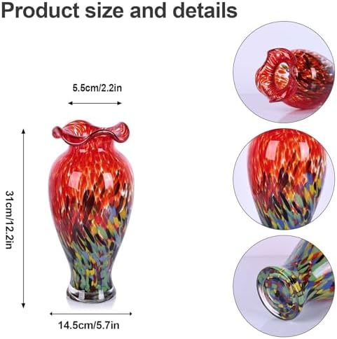 12.2H Murano Hand Blown Glass Vase, Ruffled Scalloped Rim Wide Mouth Colorful Decorative Flower Vase, Large Glass Centerpiece for Living Room, Bathroom, Office, Bookshelf, Entryway, Mantel Decor (Red) - Image 3