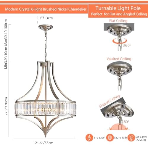 21.6" Brushed Nickel Chandeliers for Dining Room, Rustic Farmhouse Crystal Chandelier with Round Metal Shade, Modern 6-Light Large Light Fixture for Hallway, Bedroom, Foyer - Image 3