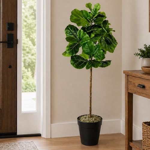 LCG Florals 5ft Artificial Fiddle Leaf Fig Tree - Real Wood Trunk, Preassembled, No Maintenance Indoor Faux Plant in Black Pot - Living Room, Home & Office Decor - Image 5