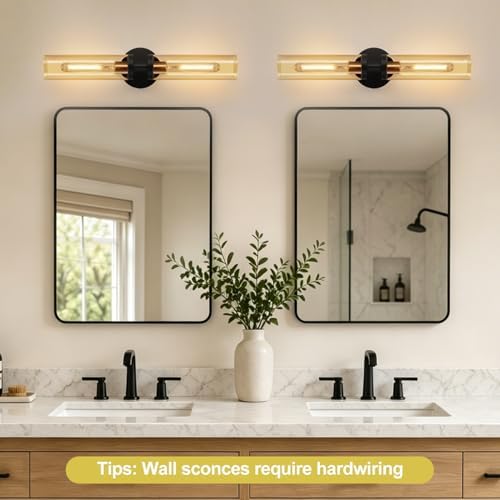 Indoi Wall Sconces Set of Two, Hardwired Black and Gold Bathroom Sconces Wall Lights with Amber Glass, Modern Sconces Wall Decor Set of 2 Vanity Light fixtures for Bathroom Mirror Living Room - Image 5