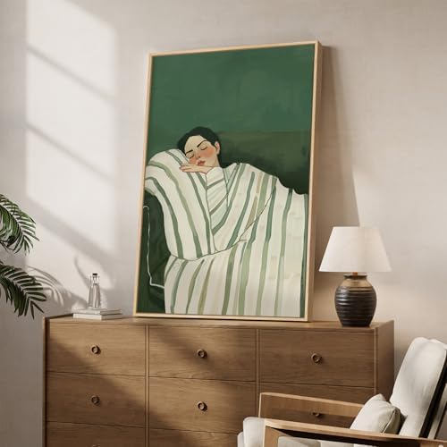 Large Framed Cozy Woman Green Calming Wall Art Dorm Bedroom, 24x36 Inch - Image 2