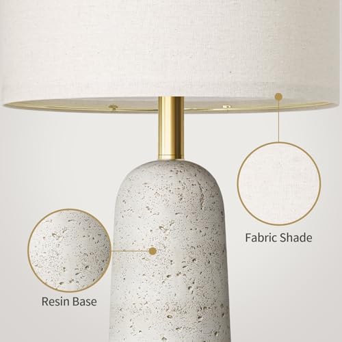 BOBOMOMO 27.25" Modern Table Lamp Set of 2, White Resin Table Lamps with Stone Look, Lamps for Living Room with Linen Shades, Bedside Lamps for Bedroom, Nightstand, Entryway - Image 5