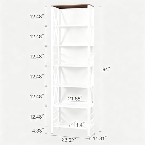 HOMISSUE Bookshelf, 7-Tier Bookshelf, Rustic Wood Metal Bookshelves and Bookcases, Freestanding Open Bookshelf, Industrial Tall Bookcase for Home Office, Living Room and Bedroom, White - Image 2