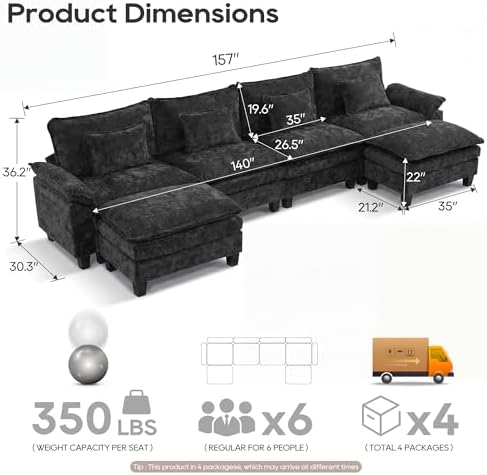 URRED Oversized Modular Sectional Sofa，Black：157" U Shaped - Image 2