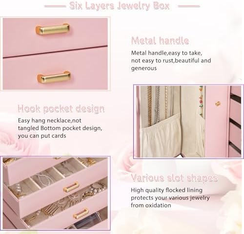 AKOZLIN 6-Tier Jewelry Box Organizer 5 Drawers Storage Pink Large - Image 5
