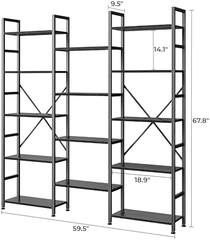 SUPERJARE Triple Bookshelf, Bookcase with 14 Open Display Shelves, Wide Book Shelf Book Case for Home & Office, 5 Tier, Black - Image 3