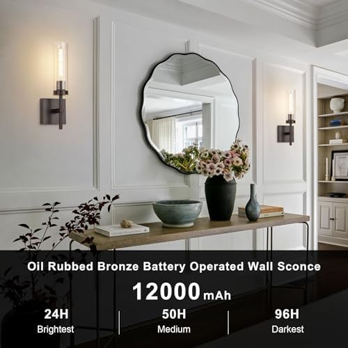 SANTOSTOCK Oil Rubbed Bronze Battery Operated Wall Sconces with Remote Control, Wireless Wall Sconce Set of 2, Rechargeable Cordless Wall Lights for Living Room Bathroom Hallway Entryway Stairwell - Image 2