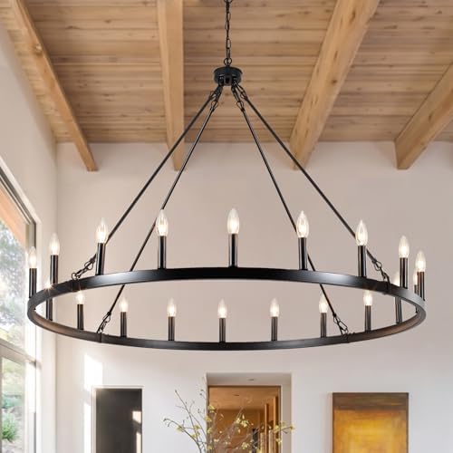 Black Wagon Wheel Chandelier, 20 Light Large Farmhouse Industrial Rustic Chandelier, 48 Inch Round Ceiling Pendant Light for Dining Room Living Room Entryway Foyer by MRHYSWD