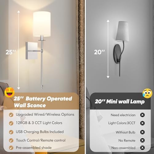 24 Inch Battery Operated Wall Sconces Set of 2 with Remote, Brushed Nickel Rechargeable Wireless Wall Lights with White Fabric Shade, Cordless Wall Lamps with Dimmable Detachable Bulbs for Bedroom - Image 4