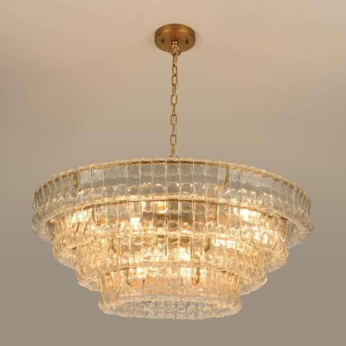 36-Inch 4-Tier Clear Glass Chandelier, 12-Light Round Brass Chandelier by PIOUTNF