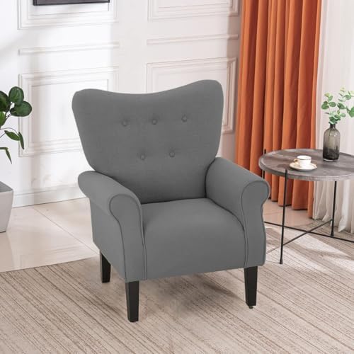 YOLENY Modern Accent Chair,High Back Armchair,Upholstered Fabric Button Single Sofa with Wooden Legs for Living Room,Bedroom,Club,Grey - Image 2