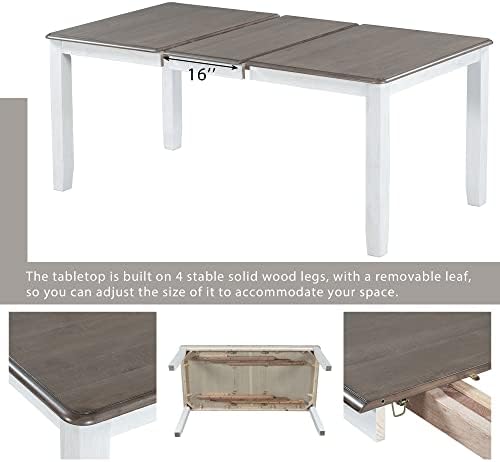 Rustic 7-Piece Kitchen Dining Table Set, Retro Solid Wood Dining Table Set for 6, Rectangle Extendable Table with 6 High Back Upholstered Chairs for Kitchen Dining Room - Image 7