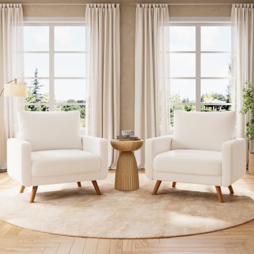 Oversized Accent Chair Set of 2, Mid Century Modern Accent Chairs for Living Room,Chenille Living Room Chairs, Bedroom Reading Chair with Widen Arm Rest, Cozy Single Sofa Chair, White by Glirun