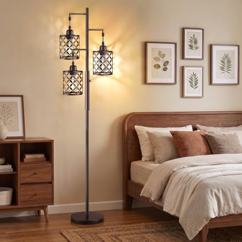 Industrial Tree Floor Lamp, Dimmable Farmhouse Tall Standing Lamp with Quatrefoil Cutout Shades & Rotary Dimmer Knob, Corner Light for Living Room Bedroom, 3 x800LM Bulbs Included-68 Brown - Image 2