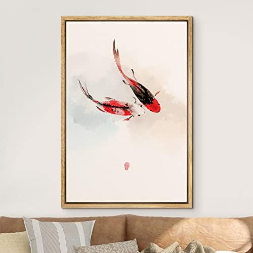 NWT Framed Canvas Print Wall Art Asian Style Watercolor Koi Fish in Water Amphibians Ocean Illustrations Modern Art Rustic Scenic Colorful Pastel for Living Room, Bedroom, Office - 16"x24" Natural - Image 3