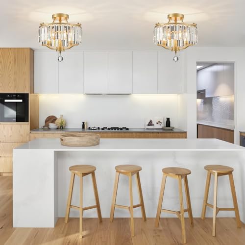 Crystal Gold Chandeliers Modern Farmhouse Small Chandelier 12.2 Inch 3-Light Round Crystal Mini Semi Flush Mount Ceiling Light Fixture for Dining Room Entryway Hallway Kitchen Bedroom Foyer - Image 2