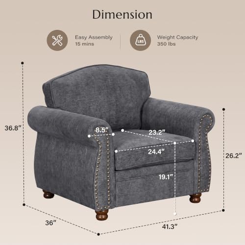 Traditional Oversized Accent Reading Chair Set of 2, 41.3", Chenille, Gray - Image 2