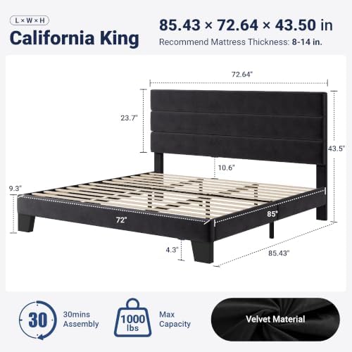 Allewie Cal King Size Platform Bed Frame with Velvet Upholstered Headboard - Image 2