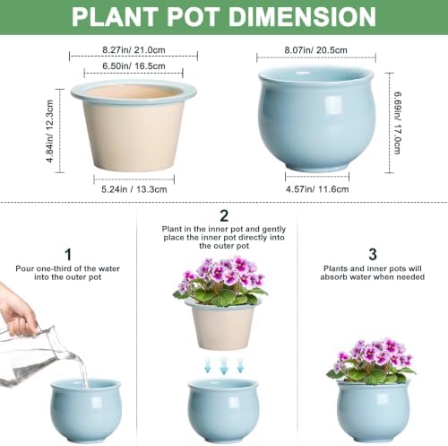 8 Inch African Violet Pots, Ceramic Self Watering Pots, Light Blue - Image 2