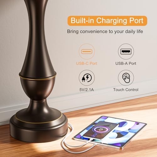 Touch Lamps for Nightstand, 3 Way Dimmable Lamps for Bedroom with USB C+A - Image 5
