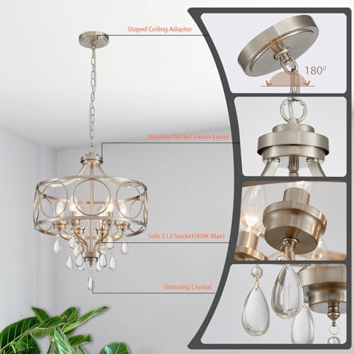 Crystal Chandeliers for Dining Room,17.7" Brushed Nickel 6 Lights Hanging Pendant Lighting Fixture Metal Farmhouse Chandelier for Kitchen Island Entryway Living Room - Image 4