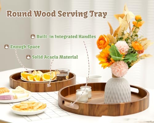 Round Wood Serving Trays Set of 2, Ottoman Tray Rustic Acacia Wooden Trays with Handles, Nesting Circle Tray with 4 Coasters for Coffee Table Living Room Bathroom Bedroom Party - Image 2