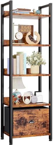 Furologee 5 Tier Bookshelf with Drawer, Tall Narrow Bookcase with Shelves, Wood and Metal Bookshelves Storage Organizer, Industrial Display Standing Shelf Unit for Bedroom, Living Room, Rustic Brown by Furologee