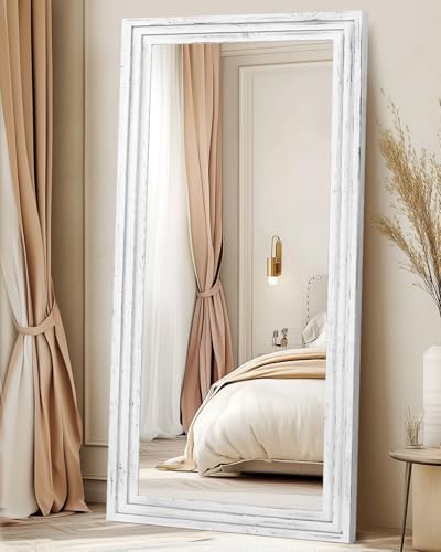 76x34in Full Length Mirror, 3-Tier Stepped Solid Wood Frame, White - Image 5