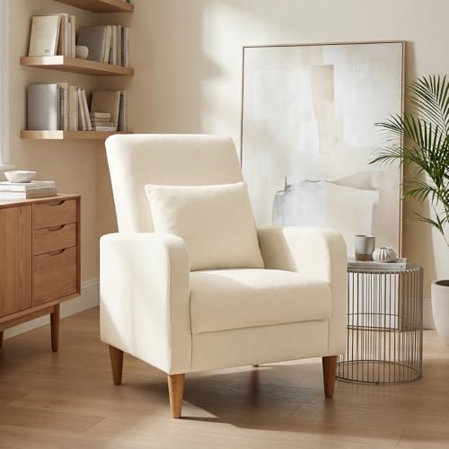 COLAMY Mid-Century Modern Accent Chair, Fabric Upholstered Living Room Chair with Back Pillow & Solid Wood Legs, Comfy Armchair for Living Room, Bedroom, Single Sofa, Beige by COLAMYHOME