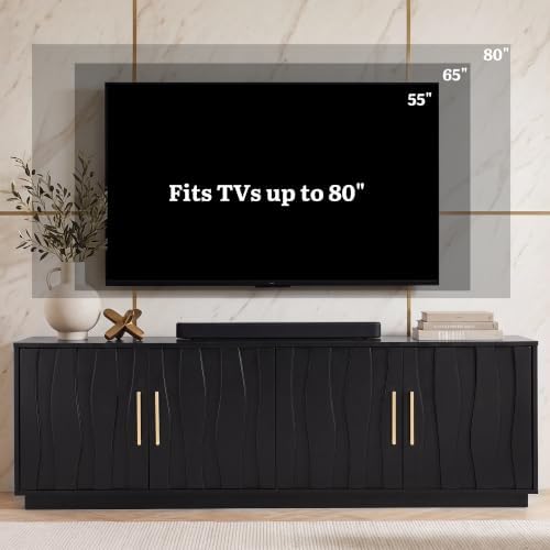 YITAHOME 70" Mid Century Modern TV Stand for 80 Inch TV, Storage, Black - Image 3