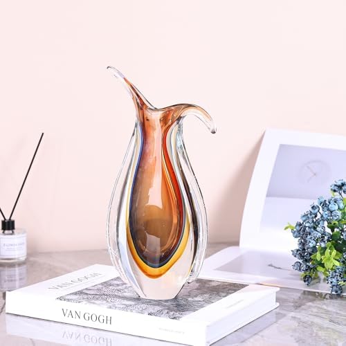 Amber Hand Blown Glass Vase – Oval Decorative Art Glass for Centerpieces, Murano Inspired Decor for Dining Room, Entryway Table, or Shelf, Handmade Glass Vase for Home Display (Red Yellow) - Image 4