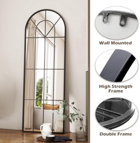 Dewfig Arched Windowpane Floor Mirror, 65"x 22" Full Length Mirror, Black - Image 4