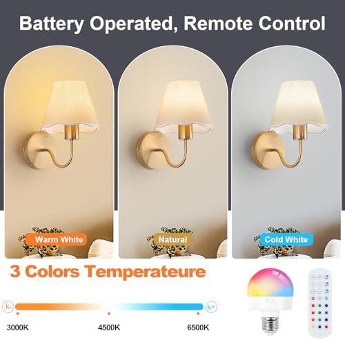 ADISUN Battery Operated Wall Sconce Set of 2, Gold Wall Lamps Rechargeable Bulbs for Living Room, Cream Rattan Shade, Wireless Wall Lights for Bedroom Living Room Hallway Kitchen(2 Bulbs Included) - Image 3