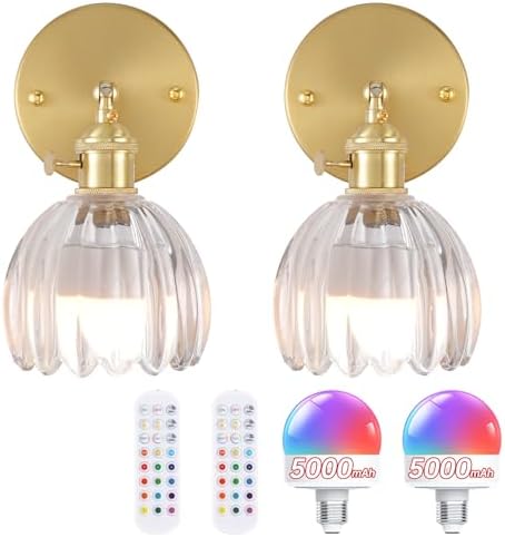 Shenmoyl Vintage Battery Operated Wall Sconce with Clear Tulip Glass Lampshade 5000 mAh Rechargeable Battery Powered Wall Light with Remote Control for Bedside Bedroom Doorway, Set of 2 by Shenmoyl