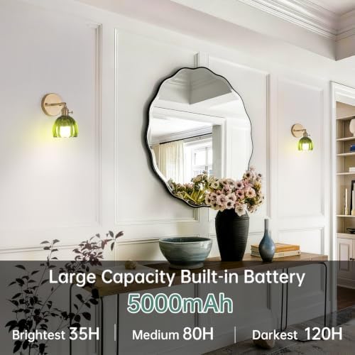 Shenmoyl Vintage Battery Operated Wall Sconce with Green Tulip Glass Lampshade 5000 mAh Rechargeable Battery Powered Wall Light with Remote Control for Bedside Bedroom Doorway, Set of 2 - Image 2