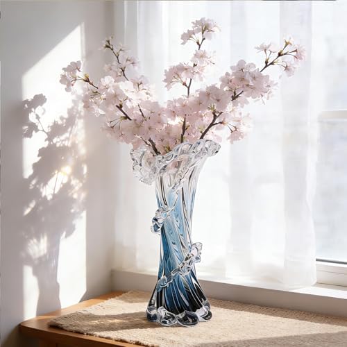 Hand Blown Blue Glass Vase, Unique Art Beautiful Ocean Glass Vase for Coastal Home Decor, Coffee Table, Living Room, Office Decor - 11.8" H(Large) - Image 2
