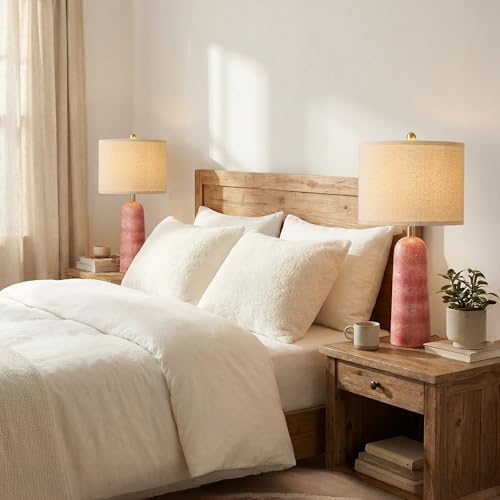 BOBOMOMO 27.25" Modern Table Lamp Set of 2, Red Resin Table Lamps with Stone Look, Lamps for Living Room with Linen Shades, Bedside Lamps for Bedroom Nightstand, Table Lamps for Living Room End Tables - Image 7