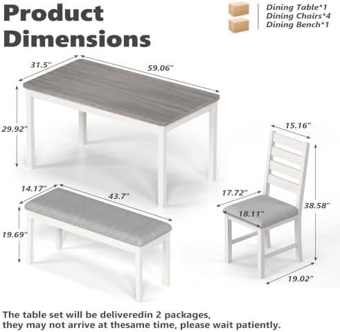ROCSUMOO 6-Piece Dining Table and Chair Set with 4 Chairs & 1 Bench, Grey - Image 2