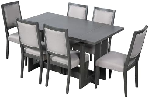 VilroCaz 7-Piece Retro Farmhouse Dining Table Set for 6, Acacia Wood Extendable 82'' Trestle Dining Table with 6 Upholstered Chairs for Home Kitchen& Dining Room (Grey+Beige-12.4) - Image 6