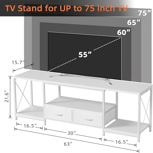 GYIIYUO TV Stand with Fabric Drawer for 65 70 75 Inches TV - Entertainment Center and Industrial TV Console Table with Open Storage Shelves for Living Room, Bedroom - 63" White - Image 2